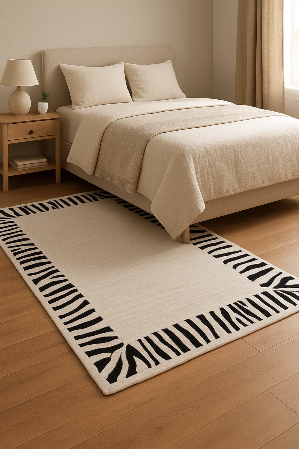 Cream Faux Cashmere Rug with Zebra Border – Soft, Fluffy, Non-Slip Accent for Bedroom & Living Room