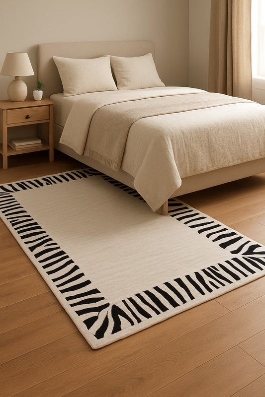 Cream Faux Cashmere Rug with Zebra Border – Soft, Fluffy, Non-Slip Accent for Bedroom & Living Room